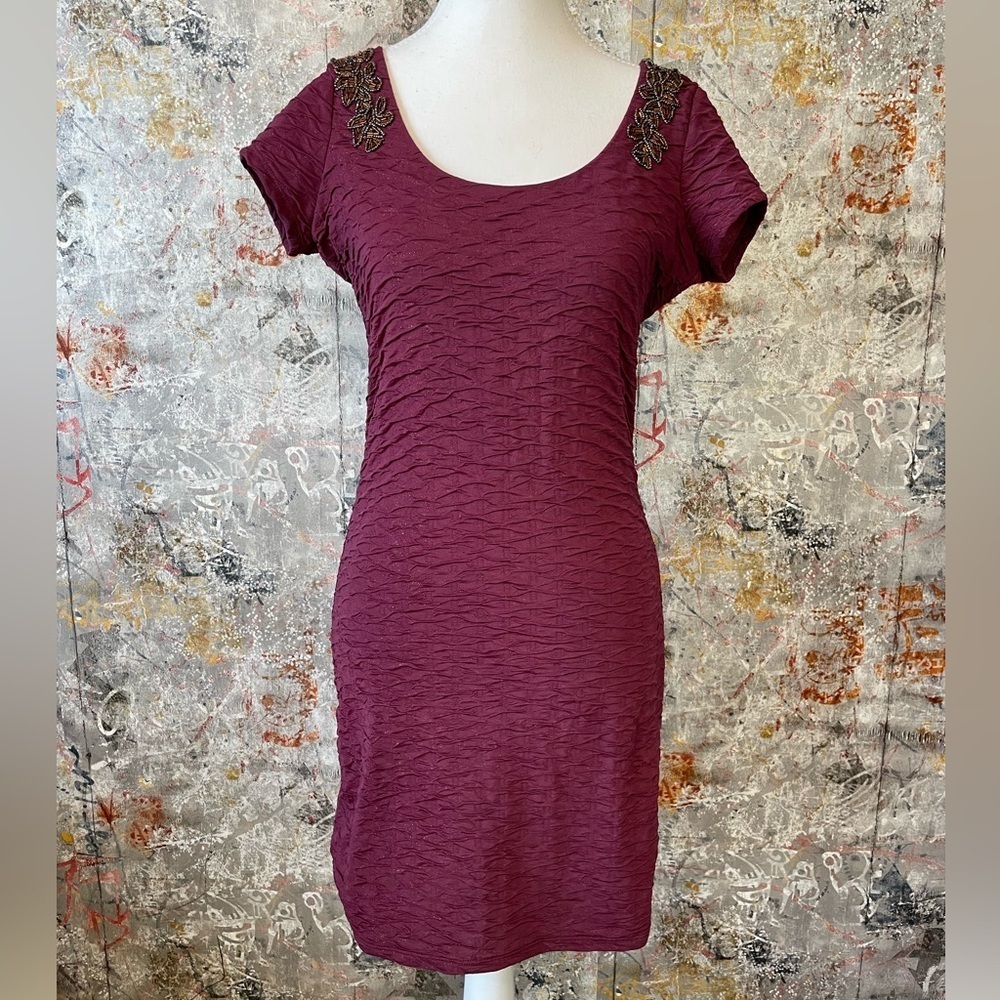 FREE PEOPLE Maroon Low Back Tight Dress with Beaded Embellishments. - Picture 2 of 13